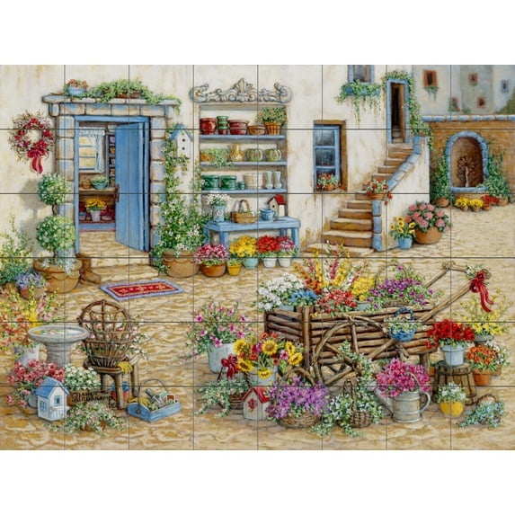 Tile Mural Kitchen Backsplash - Courtyard Flower Market-JK - by Janet Kruskamp