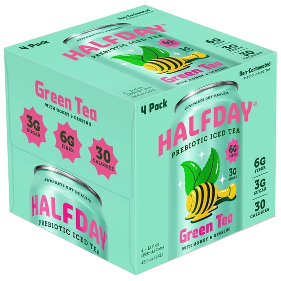 Halfday Prebiotic Green Tea, Honey Ginseng, 6g Fiber, 3g Sugar, 30 Cal, 12 oz, 4 Pack