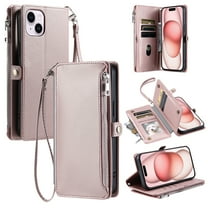 For iPhone 14 Crossbody/Shoulder Strap Case Wallet Card Holder RFID Blocking Magnetic Closure PU Leather Flip with Wrist Strap Zipper Credit Card Slots Shockproof Cover, Rosegold