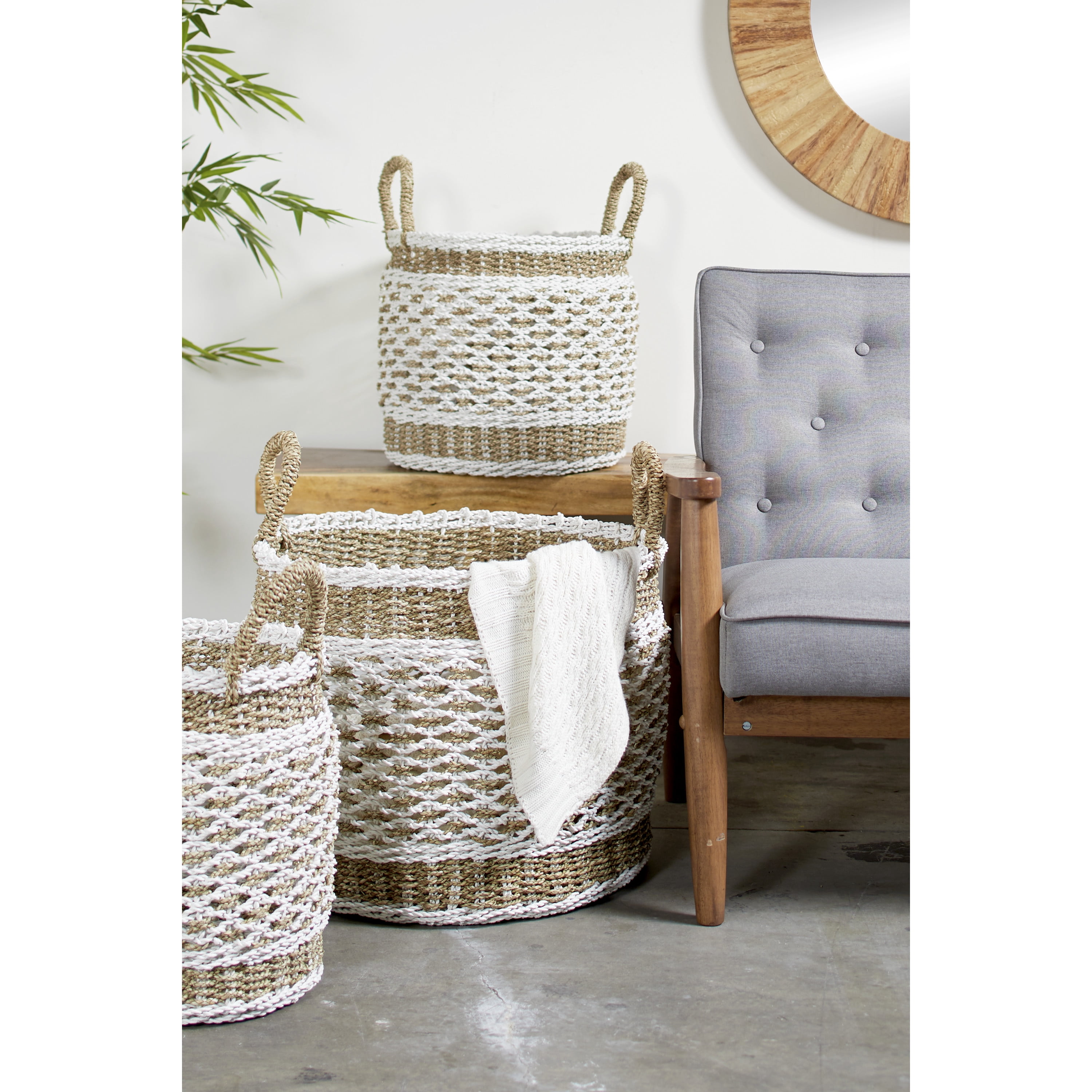 DecMode 18", 17", 16" Brown Plastic Boho Storage Basket, 3 - Pieces