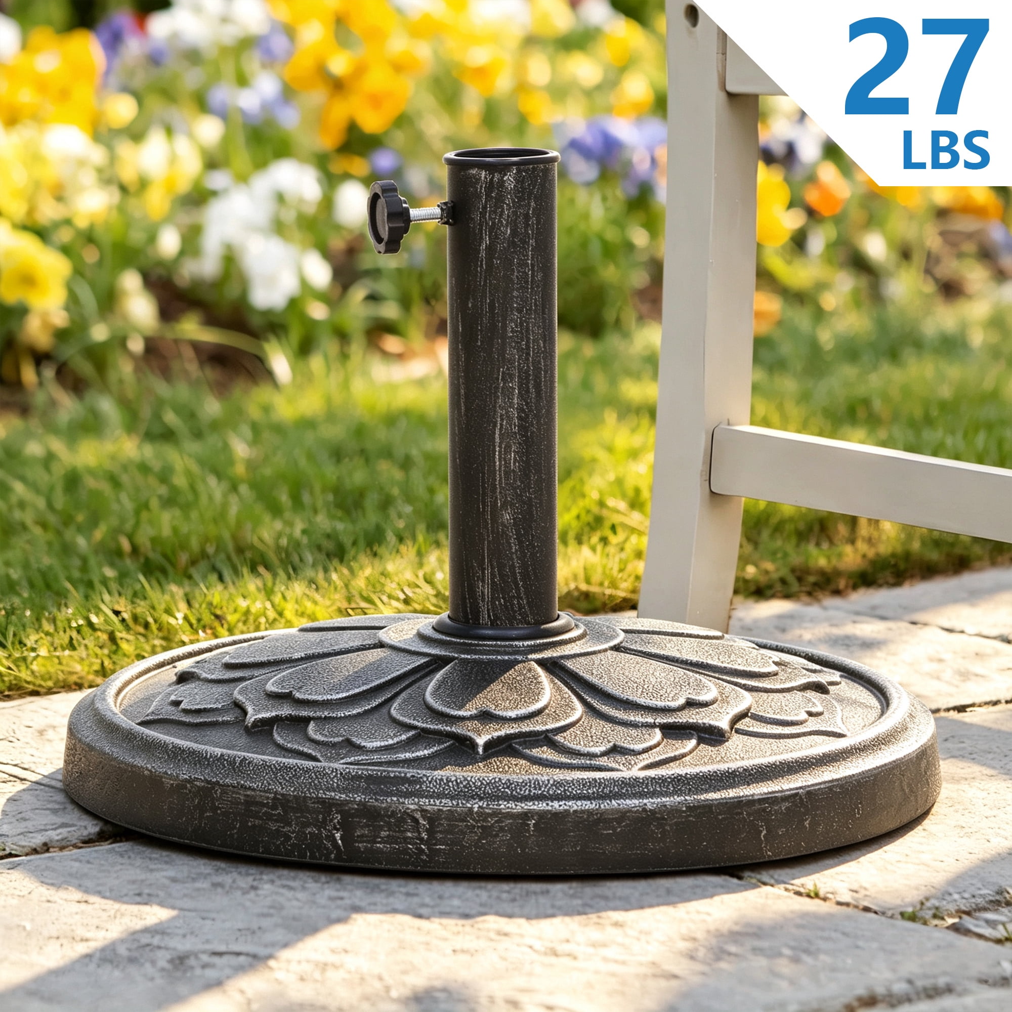 Kool 27 lbs. Lotus Design Umbrella Base Outdoor Market Umbrella Stand in Antique Silver