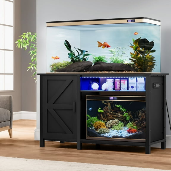 Dextrus Fish Tank Stand with Electrical Sockets, Cabinet for 55-75 Gallon Aquarium, RGB Lighting Strip Ideal for Turtle Enclosure, Lizard Habitat, Supports up to 900 Pounds, Black