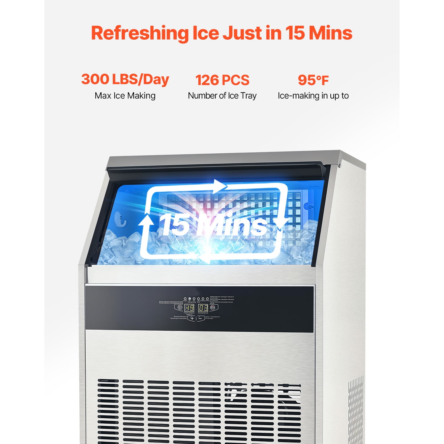 KFFKFF 300lbs/24H 126 Ice Cubes with 88lbs Storage Bins Commercial Ice Maker Machine Stainless Steel Under Counter ice Machine 27.76 in W, 45.47 in H with Auto Clean