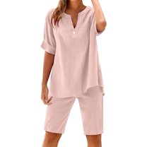 Linen Sets for Women 2 Piece Shorts Outfits Casual Summer Button V-Neck Short Sleeve Tops and Elastic Waist Shorts Outfit Sets