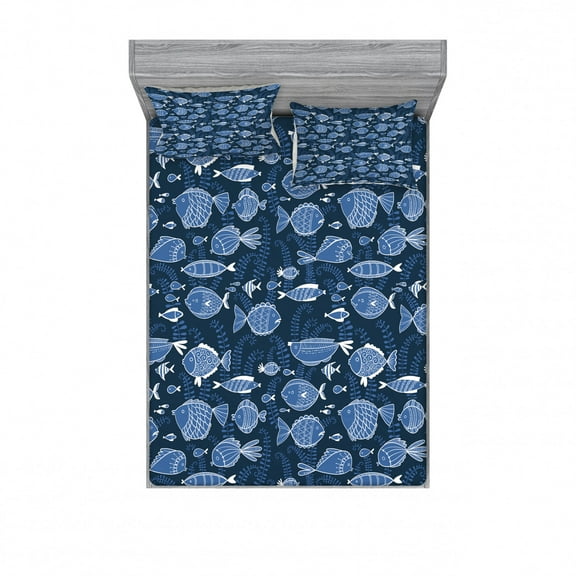 Ambesonne Ocean Fitted Sheet & Pillow Sham Set, Tropic Fish Moss Leaves, Full, Blue Indigo Royal Blue