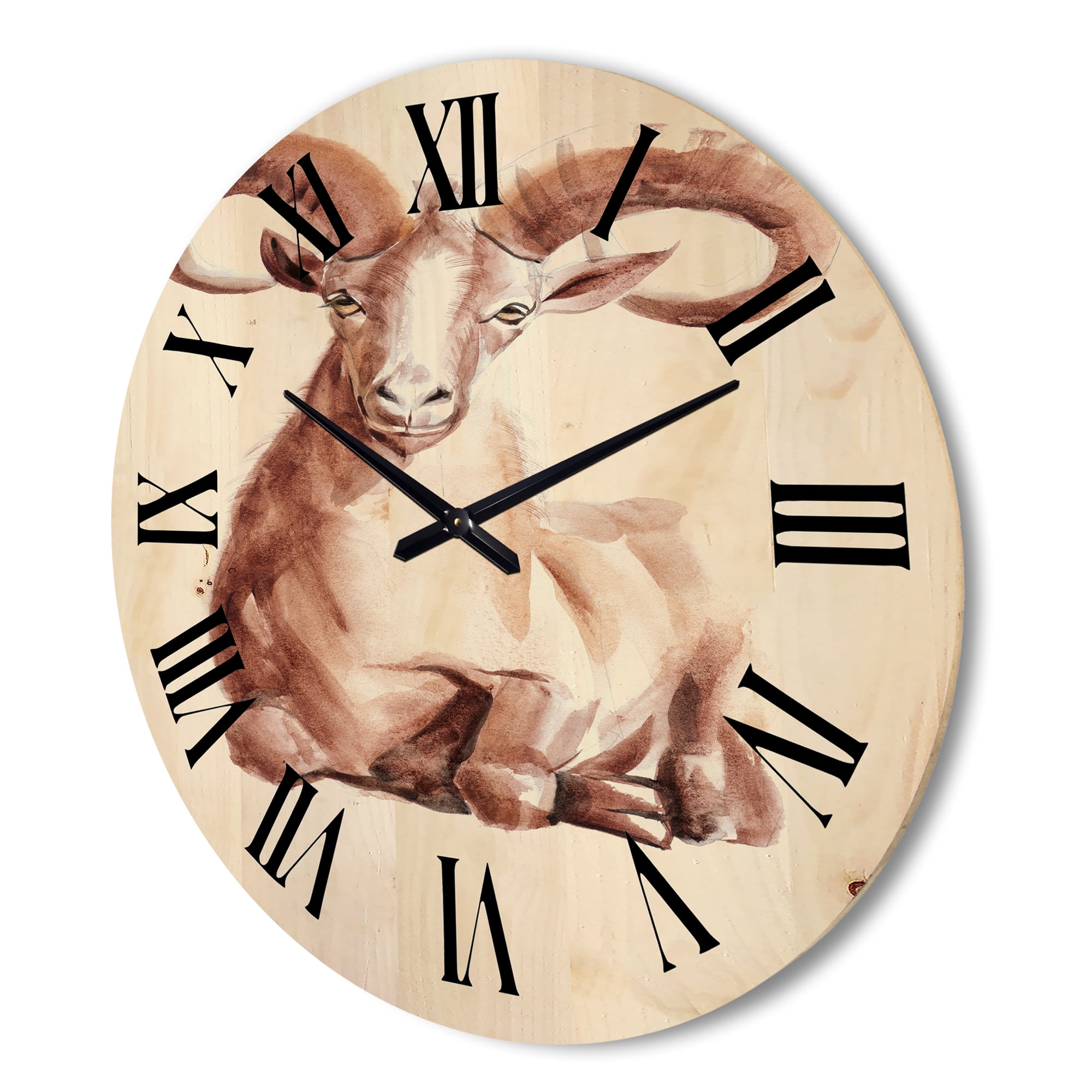 Designart 'Abstract Portrait of Wild Ram With Mighty Horns II' Farmhouse Wood Wall Clock