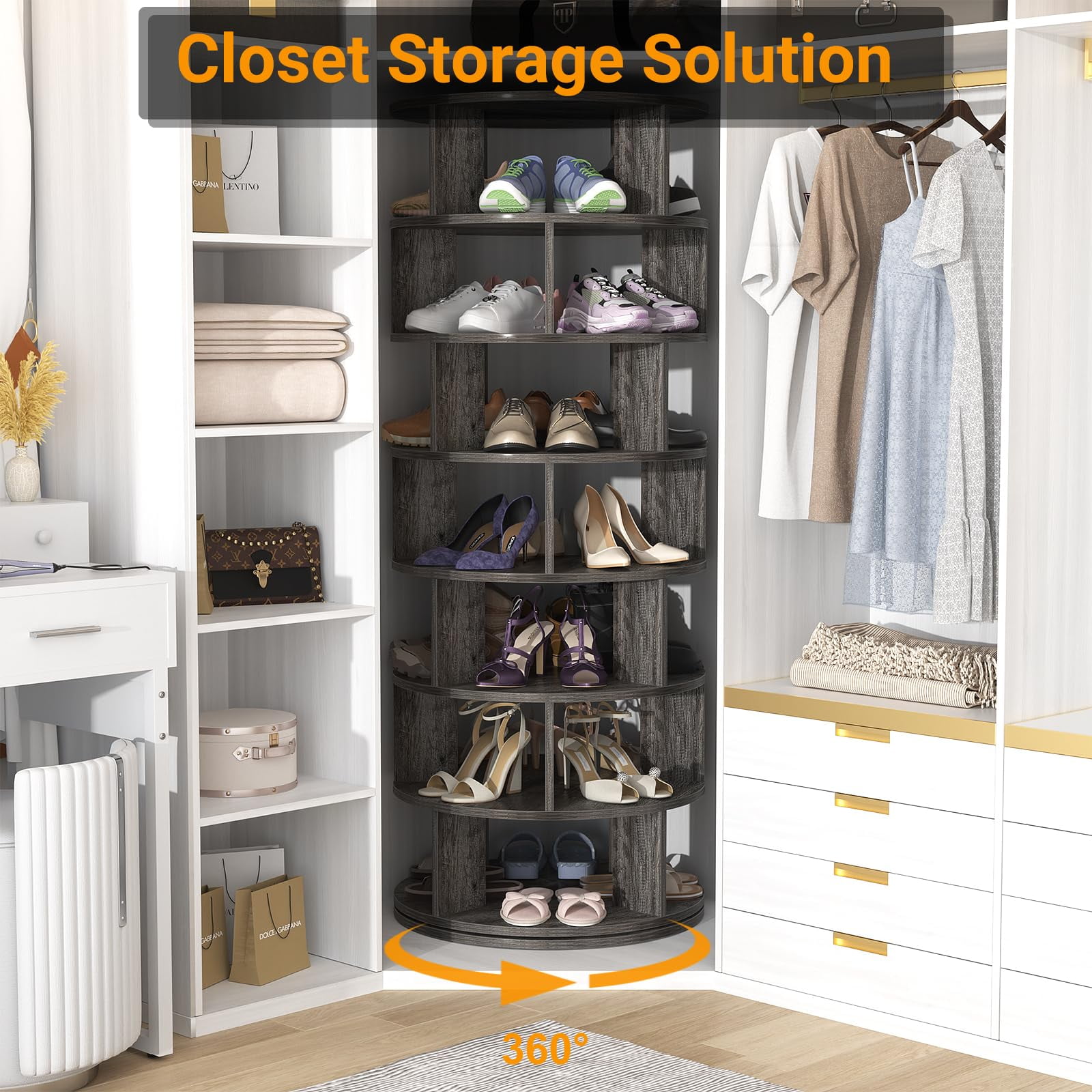 Aheaplus Rotating Shoe Rack Tower, 7-Tier Spinning Shoe Rack 360 Revolving Shoe Rack Organizer for Closet, Display Round Storage Carousel Shoes Closet Organization, Gray Oak