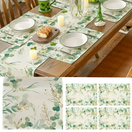 

YehailoSummer Table Runner And Placemats Green Leaves Spring Atmosphere Linen Tables 13x72 12x18 Clearance!Household Antependium