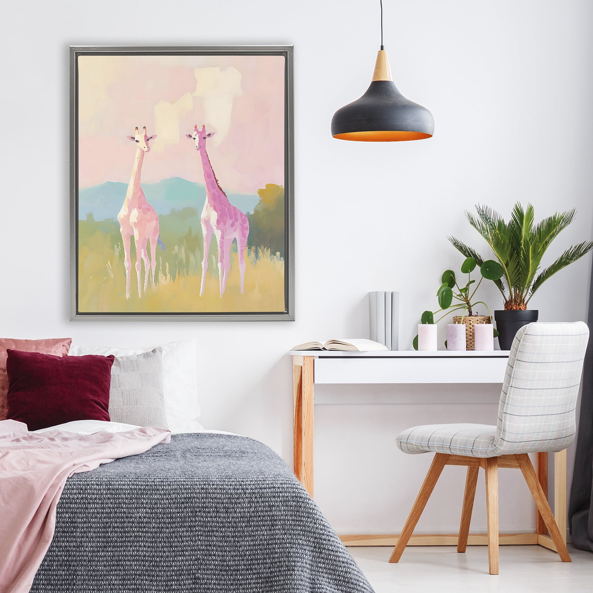 Stupell Industries Pink Giraffes on Savanna Gray Framed Floater Canvas Wall Art, design by The Prints Vibe