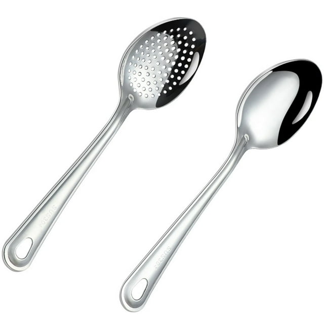 Xiao Hua Cuchara para verduras multifuncional con ranuras para el hogar, utensilio de cocina portátil, cuchara de arroz con mango puntiagudo, cuchara de sopa + colador, 2 piezas