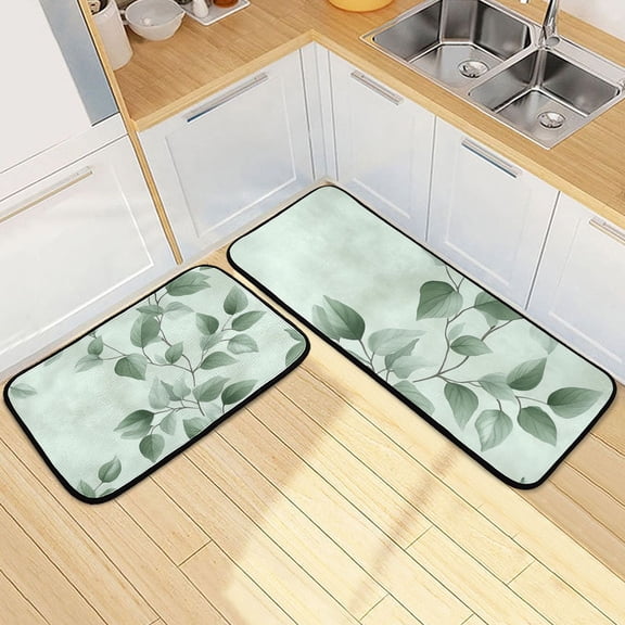 Watercolor Green Leaf Kitchen Mat Set of 2 Cushioned Non Slip Rugs for Bedroom Floor Runner Mats