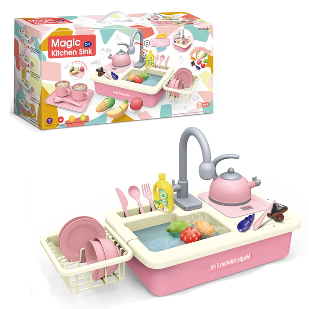 Kitchen Set for Kids, Modern play kitchen Sink toy, Real Faucet, Play Cooking Stove, 24 Pieces