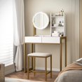 thumbnail image 5 of Leumius Small Vanity Desk with Mirror and Lights, Makeup Vanity Table with LED Mirror, 3 Lighting Modes, Power Outlet, Drawer, Open Shelves and Cushioned Stool for Bedroom (White and Gold), 5 of 7