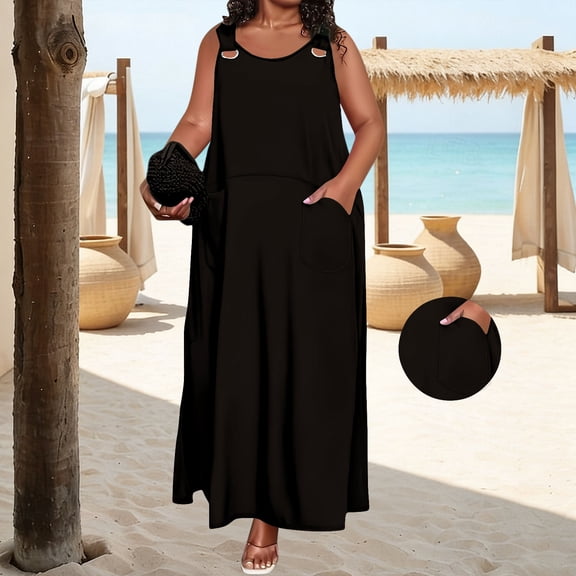 Asgosdo Women Summer Dresses Plus Size Sleeveless Solid Color Loose Fit Casual Soft Maxi Tank Dress with Pockets