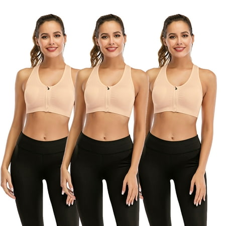 

DODOING 3-Pack Women s Front Zipper Closure Sports Bra Removable Cups High Support Workout Sports Bra Apricot