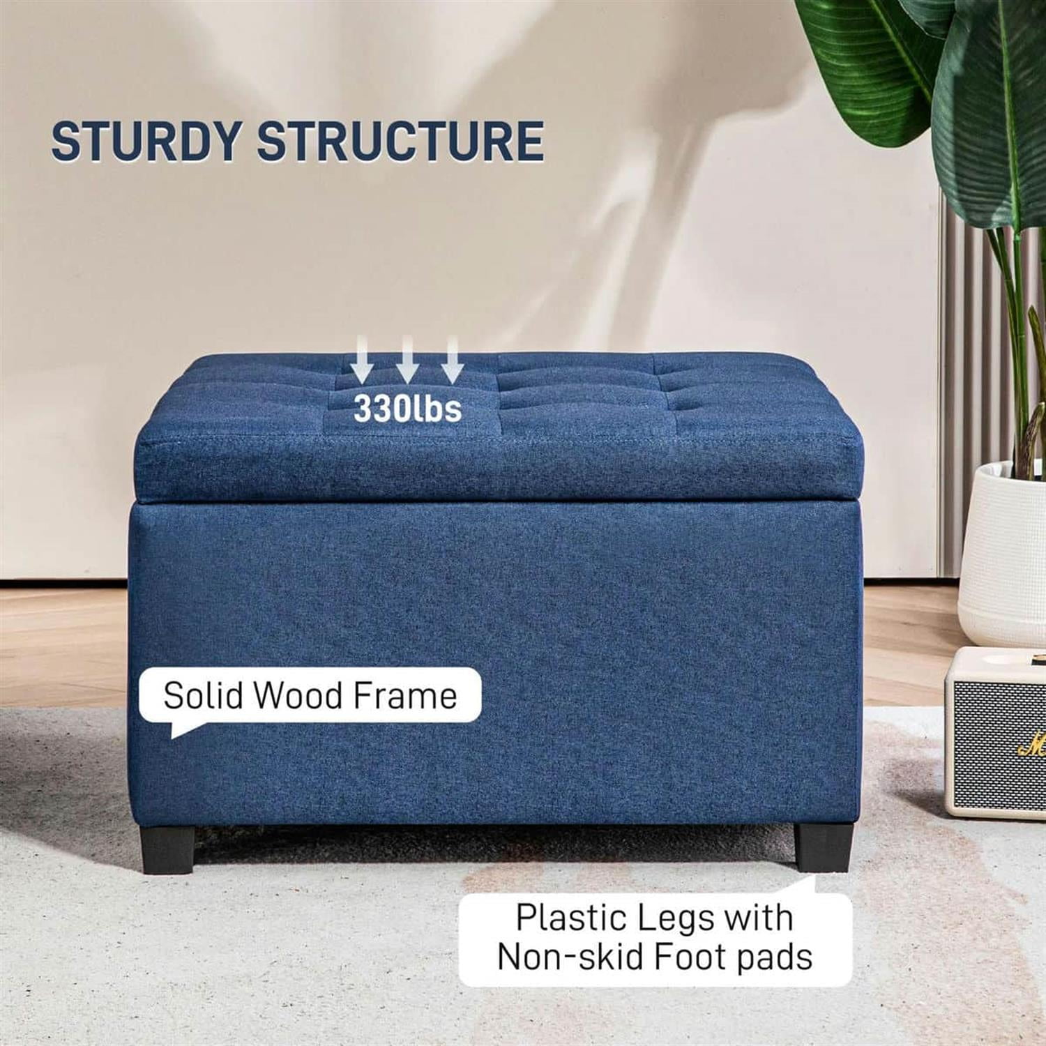 Demi Bonn 27" Bench Button Tufted Storage Ottoman, Velvet Flip Top Ottoman for Living Room, Bedroom, Entryway, Blue