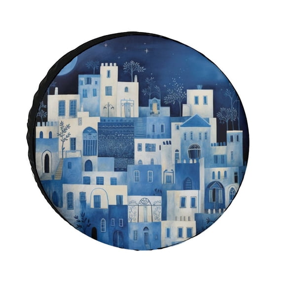 Camping Spare Tire Cover Blue Houses At Night Weatherproof Universal Wheel Protectors Christmas Holiday Tire Cover Universal for Trailer SUV Truck Camper Travel 12inch