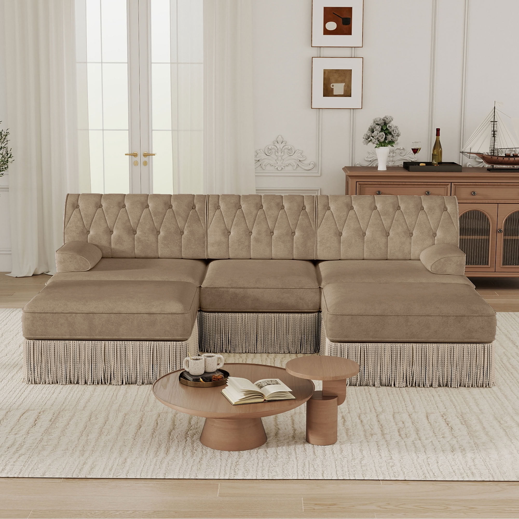 MAYEERTY U-Shape Chesterfield Modular Sofa, Tassel Sectional Couch with Double Ottomans for Living & Bedroom Home Decor