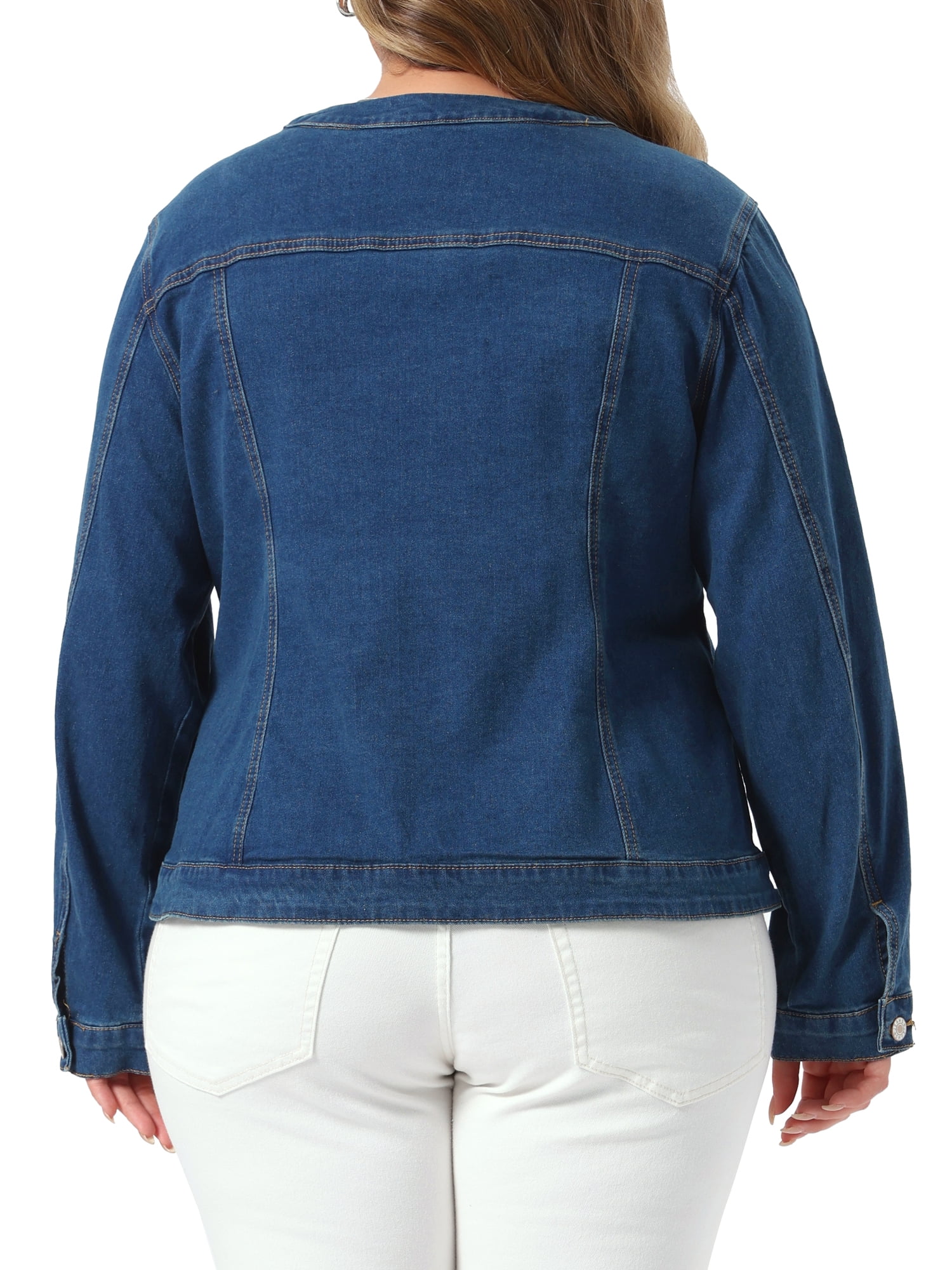 DARING DIVA Women's Plus Denim Collarless Button Jean Jacket 2X Dark Blue