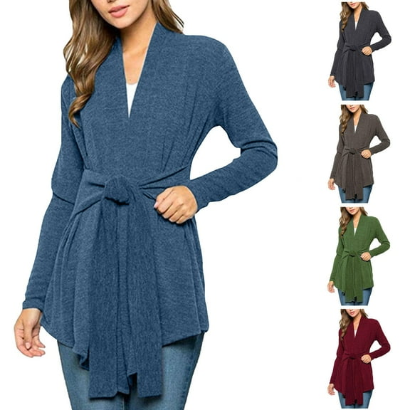 Juebong Womens Long Cardigan 2025 Fall Lightweight Long Sleeve Knit Cardigans Sweater Loose Open Front Belted Tunic Tops Green,XL