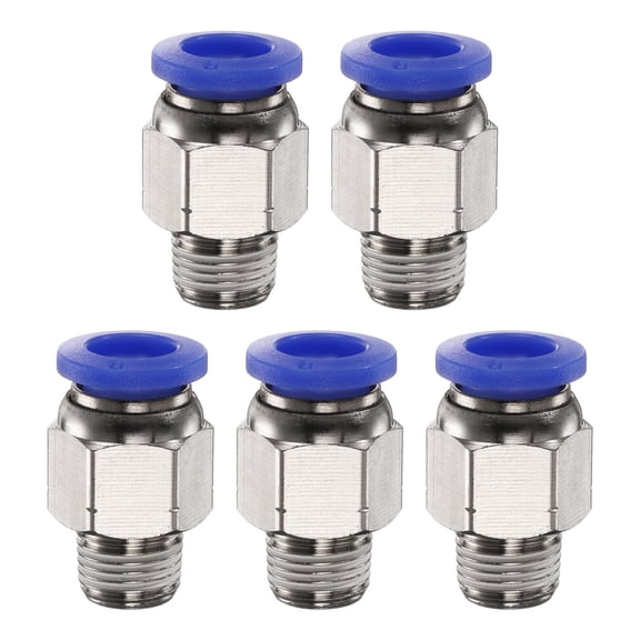 Uxcell 5pcs Push to Connect Fitting 8mm Tube OD x 1/8" NPT Thread Male Straight Quick Connector Copper Air Line Hose Fittings for Industry Air System PC8-N01, Blue