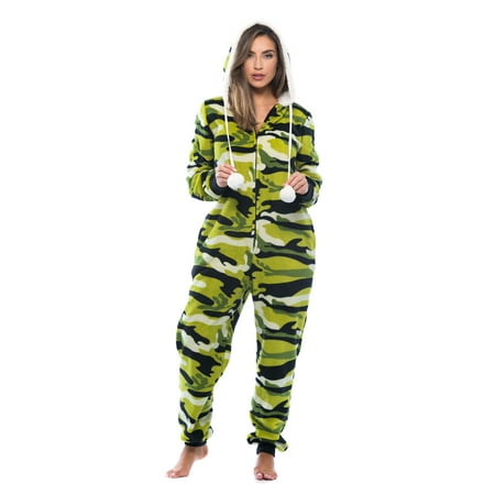 Just Love Adult Christmas Print Bodysuit with Pom Pom Festive Holiday Sleepwear (Camo Print  Small)