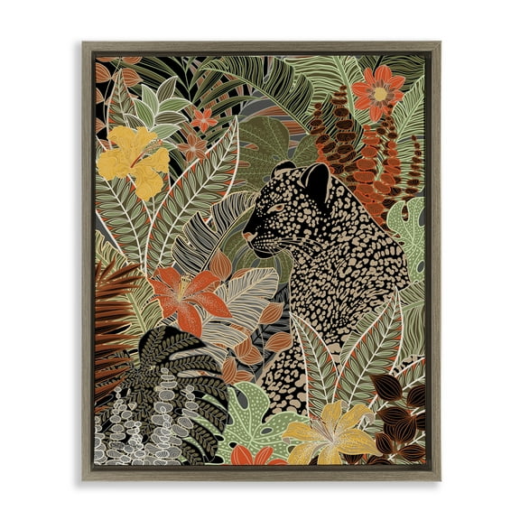 Stupell Industries Leopard in Jungle Pattern Animals & Insects Painting Brown Floater Framed Canvas Art Print Wall Art, 25 x 31