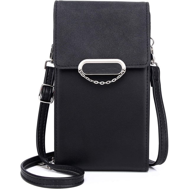 (Negro) Cartera para mujer Bolso bandolera para teléfono Monedero de cuero Monedero para teléfono celular Mini bolsa Tarjetero Bolso tipo billetera para hombro Monederos pequeños para viajes livianos JM