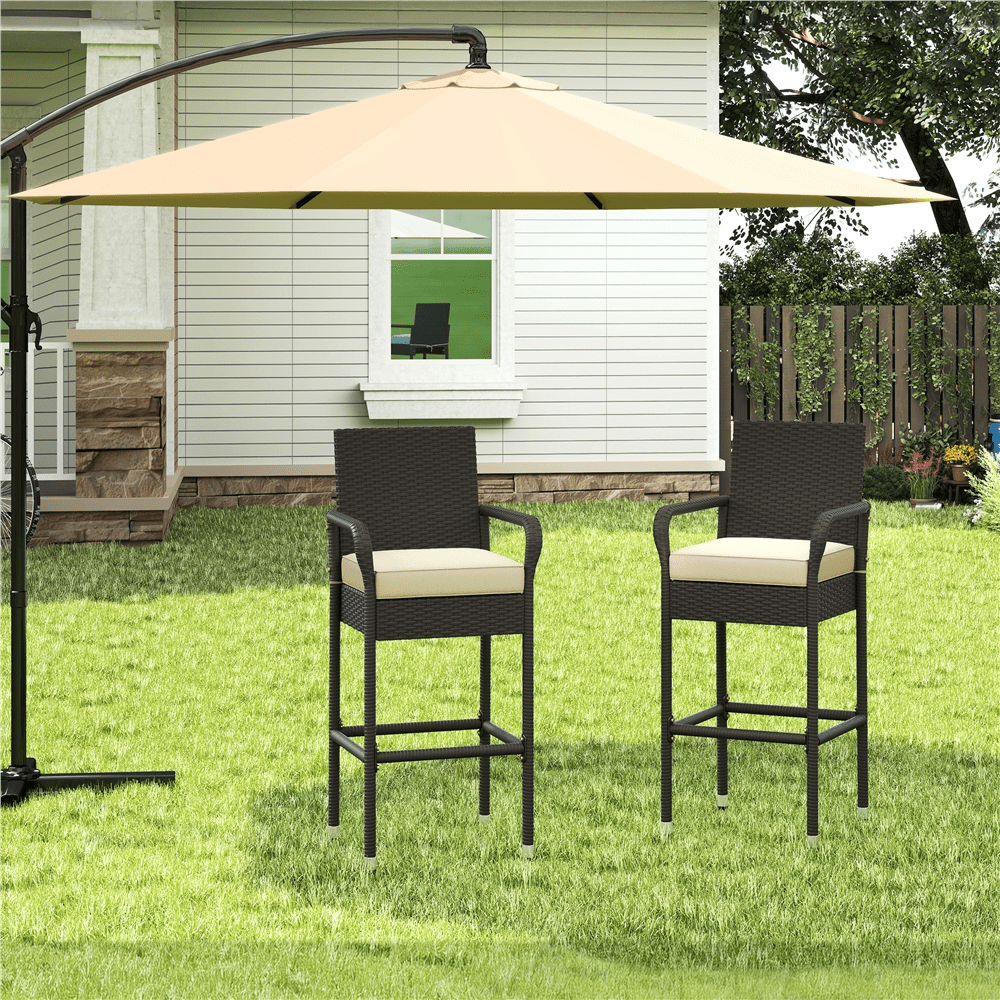 Renwick PE Rattan Patio Bar Stools with Cushions, Set of 2, Brown/Beige