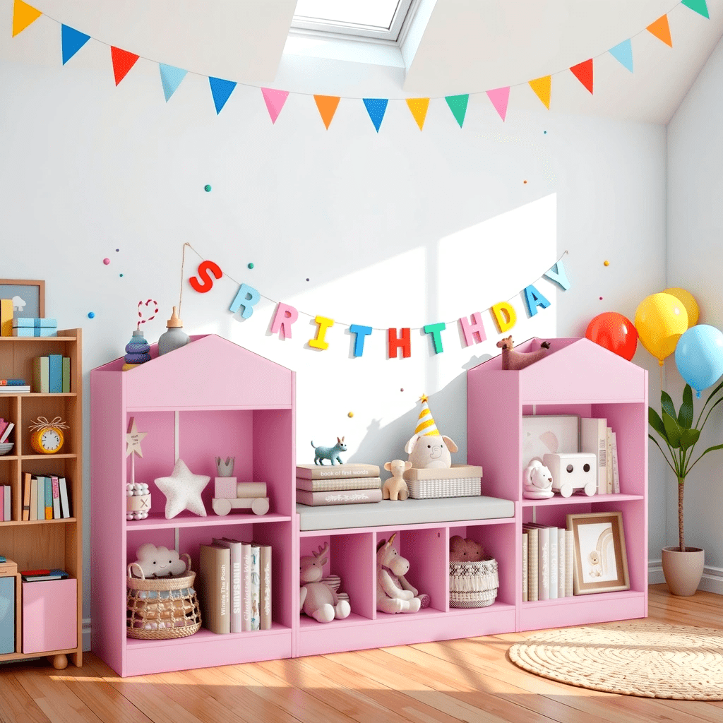 68.9“ Kids Bookshelf with Reading Nook, Toy Storage Organizer with Seat Cushion and 7 Storage Cubbies, Wooden Kids Bookcase, Toy Organizers and Storage for Nursery, Playroom, Pink