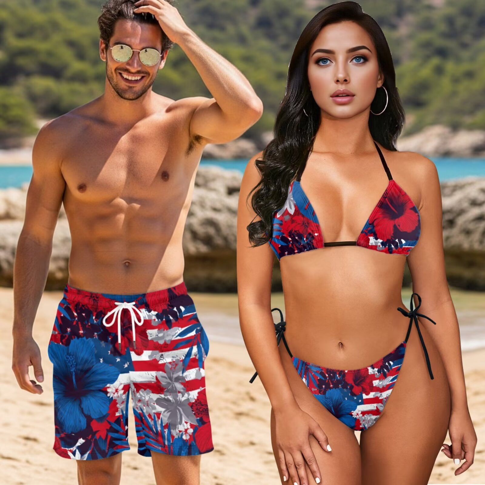 Uourmeti American Flag Hibiscus Print Bikini Sets for Women Mens Swim Trunks Matching Swimsuits Patriotic Floral for Couples Tropical Vacation Summer Beach Swimwear Summer Bathing Suit
