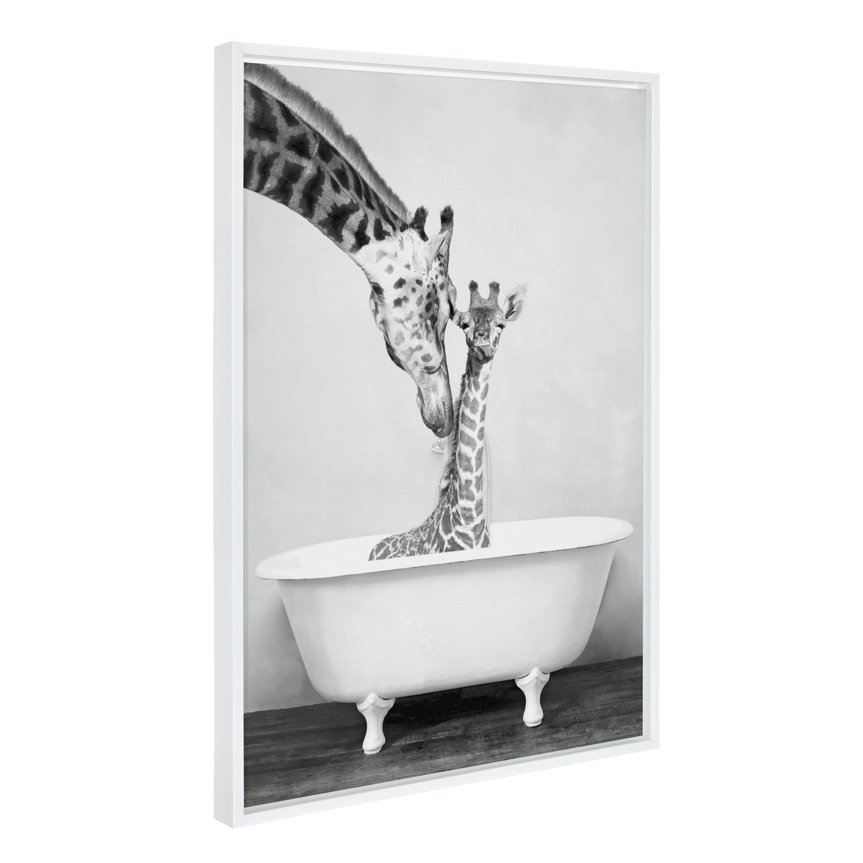 DesignOvation Sylvie Giraffe in Tub Framed Canvas Wall Art By Amy Peterson, 23x33 White, Humorous Animal Wall Decor