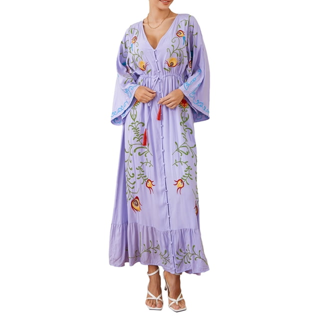 Faithtur Robe Bohème pour Femmes Manches Longues Taille à Cordon Robe Boutonnée Ligne A Robe Midi d'Été