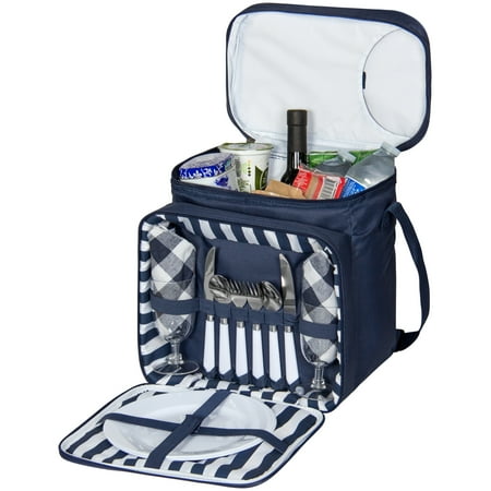 Flexible Built Lunch Tote Bag Best Choice Products 2-Person Picnic Bag Lunch Tote w/ Insulated Cooler Compartment, Easy-Access Opening, Flatware, Plates, Silverware, Cups - Blue ()