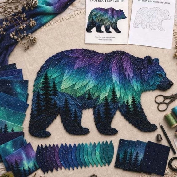 Northern Lights Bear Quilt Sewing Kit, Pre-Cut Layered Fabric Patchwork for Adults, Beginner DIY Craft Kit for Handmade Wall Art Decor