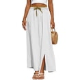 thumbnail image 2 of Cotton Linen Maxi Skirt, High Waisted Flowy Long Skirt with Side Slit, Casual Elastic Waist Drawstring Midi Skirt, Solid Color, 2 of 5