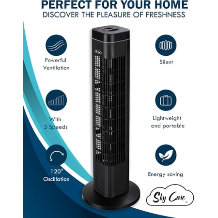 Elly Decor Sky Care Tower Fan for Bedroom, 24 ft/s Velocity, 120 Oscillating With 3 Speeds, 56db, Basic Ultralight Powerful for Living Room, Office, 29" Bladeless