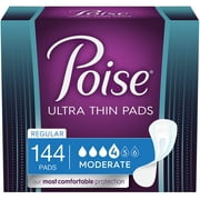 Poise Ultra Thin Incontinence Pads for Women, Moderate Absorbency, Regular Length, 144 Count (3 Packs of 48) (Packaging May Vary)