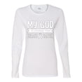 thumbnail image 2 of Wild Bobby My God Is Stronger Than Breast Cancer White Distressed Breast Cancer Awareness Women Graphic Long Sleeve Tee, White, Small, 2 of 6