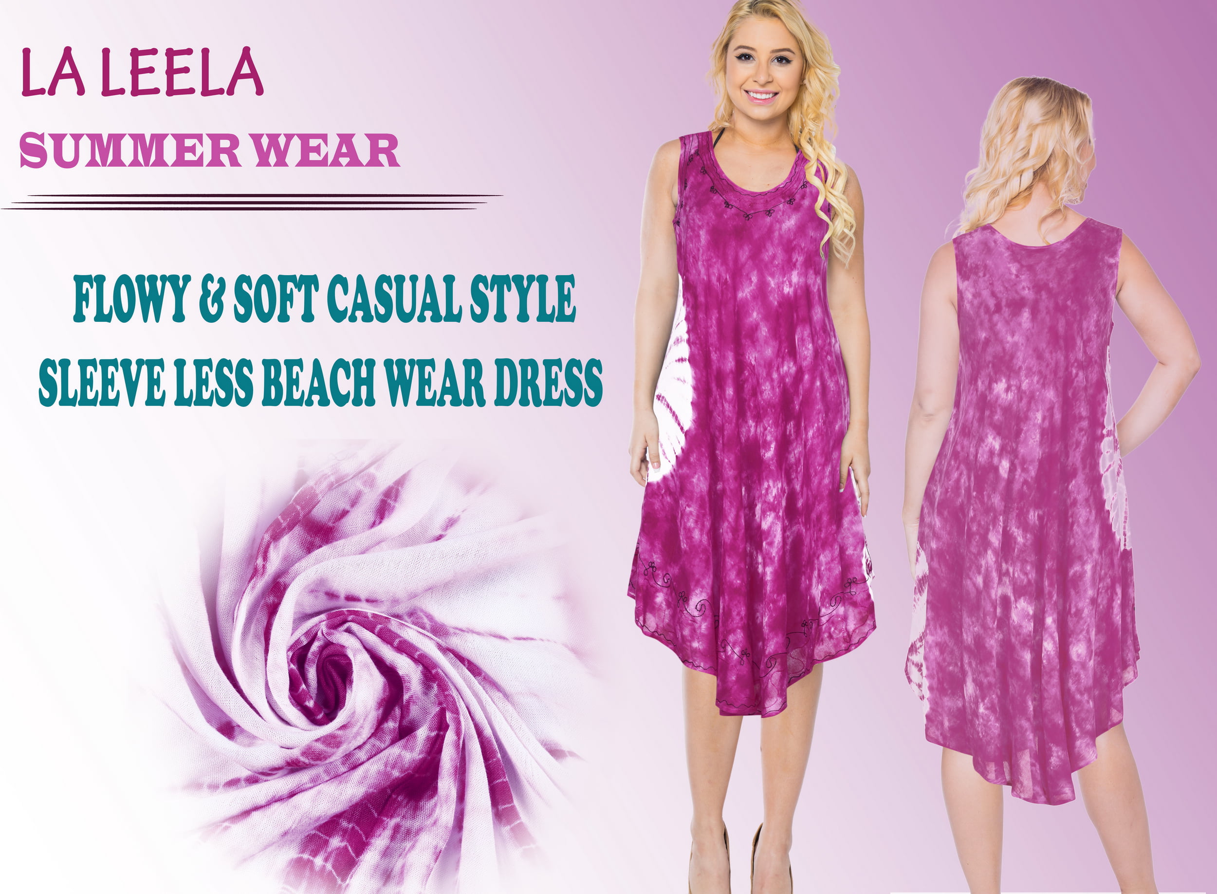 La Leela Gentle Soft Rayon Women Long Hand Tie Dye Embroidery Beach Dress Violet 