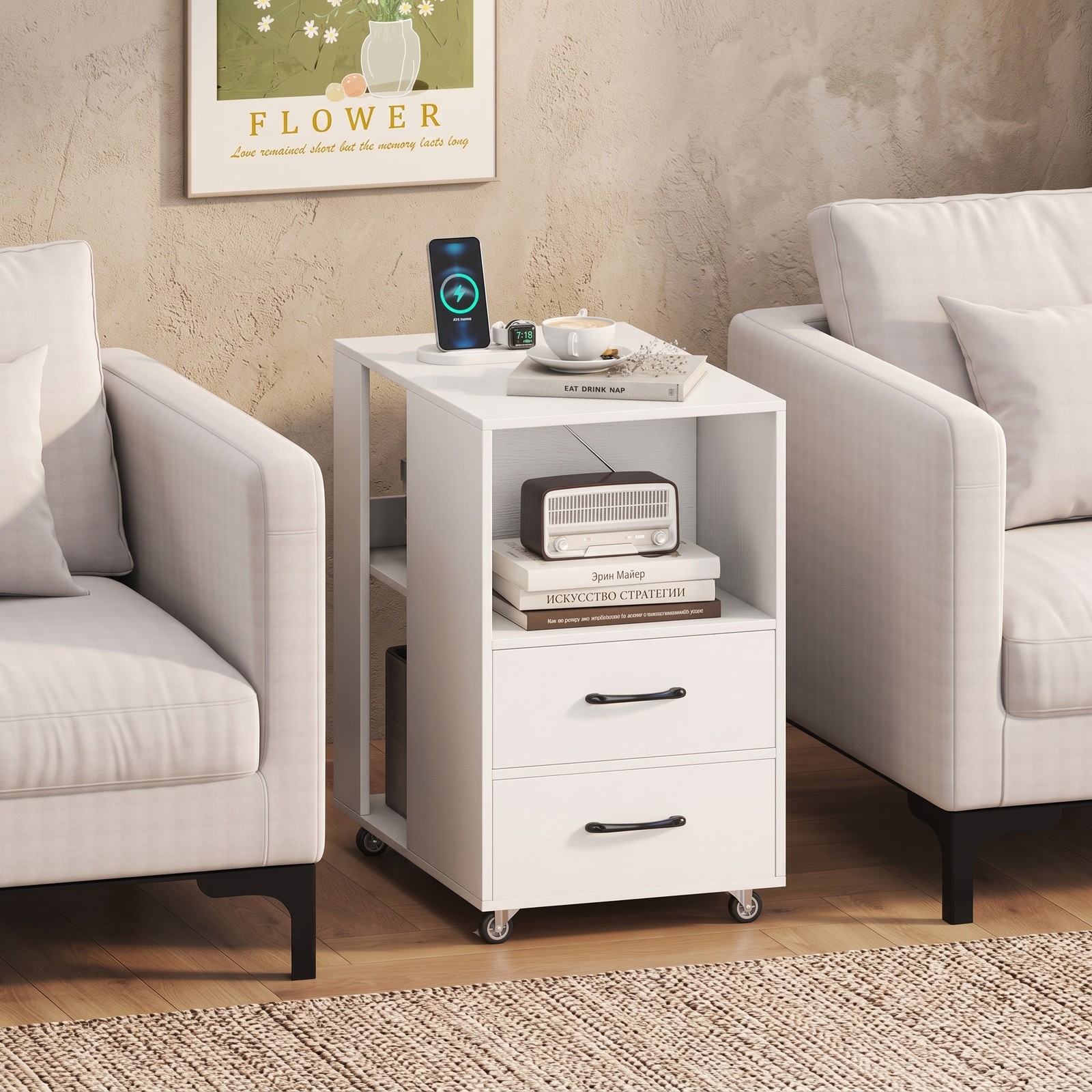 Furnibear End Table with Built-in Charging Station, Sofa Side Bedside Table on Wheels with 2 Drawers and 3 Open Shelves, USB and Type-C Ports, Rolling, White