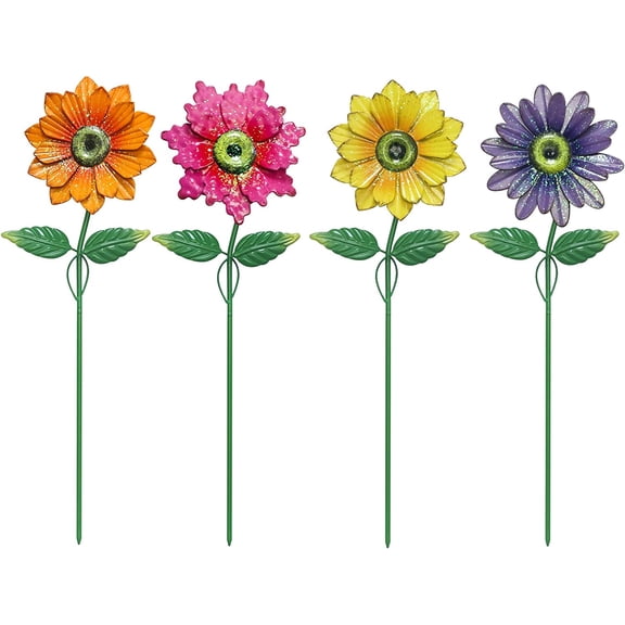 Garden Decor Outdoor Flower Stakes, 4 Pack 20 Inch Metal Flowers With Shaking Heads, Yard Art for Lawn Patio Pathway, Spring Garden Decoration, Multicolor