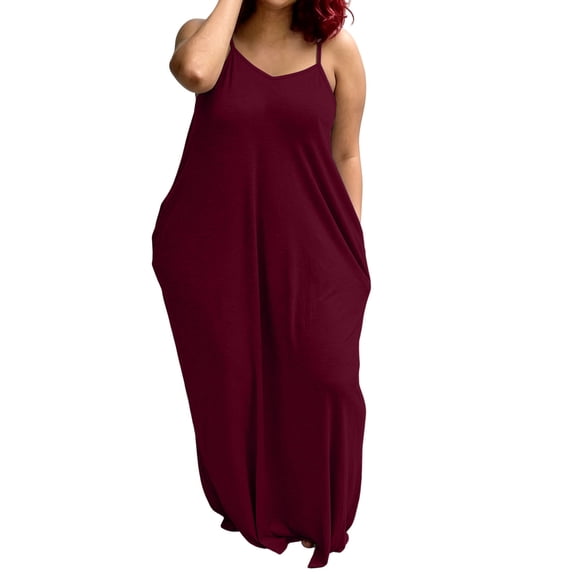 StSilkitty Plus Size Maxi Dresses for Womens Solid Color Adjustable Spaghetti Strap Sleeveless V Neck Long Sundresses