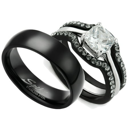 HIS & HERS 4PC BLACK STAINLESS STEEL WEDDING ENGAGEMENT RING & CLASSIC Band SET Women's Size 10 Men's 06mm Size (Best Engagement Ring For Active Lifestyle)
