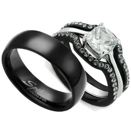 Black Women Wedding Ring HIS & HERS 4PC BLACK STAINLESS STEEL WEDDING ENGAGEMENT RING & CLASSIC Band SET Women's Size 10 Men's 06mm Size 13 ()