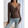 thumbnail image 4 of Women'S Long Sleeve Shirt V-Neck Buttons Ribbed Knit Slim Fit Casual Basic Spring Autumn Tops Brown M, 4 of 9