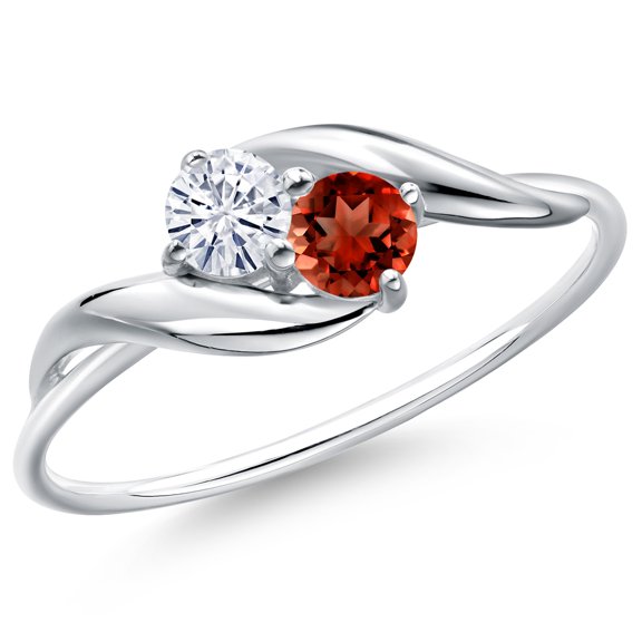 Gem Stone King 10K White Gold Round White Moissanite and Red Garnet Ring for Women (0.36 Cttw, Round 3.5MM, Gemstone Birthstone, Size 6)
