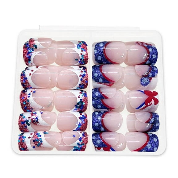 JZROCKER 48 Pcs Glittering Full Covers Stick on Nails Short False Nails French Tip Press On Nails 4th of July Artificial Nails