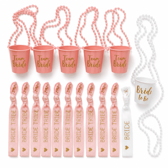 Bachelorette Party Gifts for Bride Bachelorette Gift Shot Glass Necklace with Gold Foil and Wrists for Wedding Bachelor Party favors and Bridal Shower Decorations Accessories 17PCS Pink