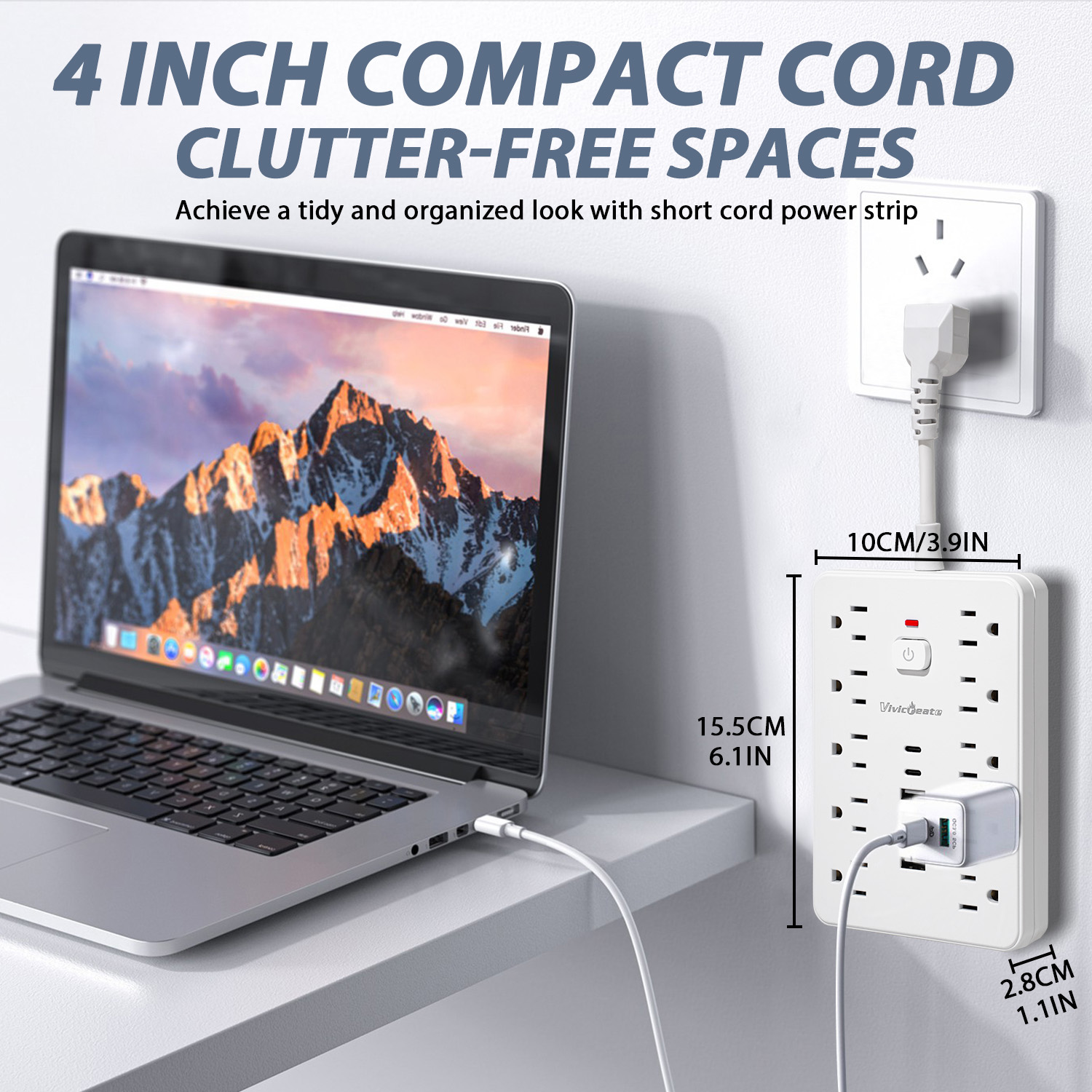 Vivicreate 16-in-1 Power Strip Surge Protector with 10 AC Outlets, 4 USB-A & 2 USB-C Ports, Flat Plug Short Extension Cord, Compact Power Strip for Home, Office, Desk & Travel